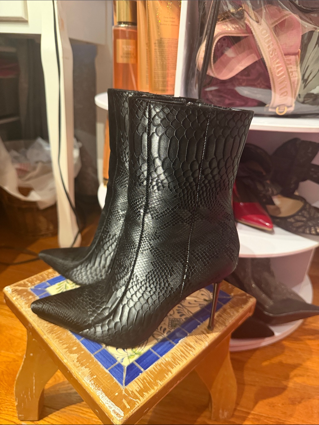 Black Snake-Embossed Pointed Toe Stiletto Ankle Boots - Women